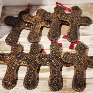 Copper and wood hammered floral cross wall decor ornaments lot of 8